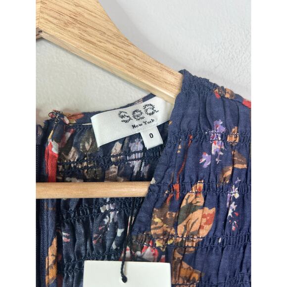 NWT Sea New York Floral Ines Flutter Sleeve Smocked Ruffled Midi Dress Navy - Picture 4 of 8